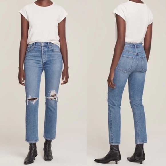 Agolde Denim - AGOLDE Riley High Rise Straight Leg Jeans in Whiplash Blue Denim Size 25